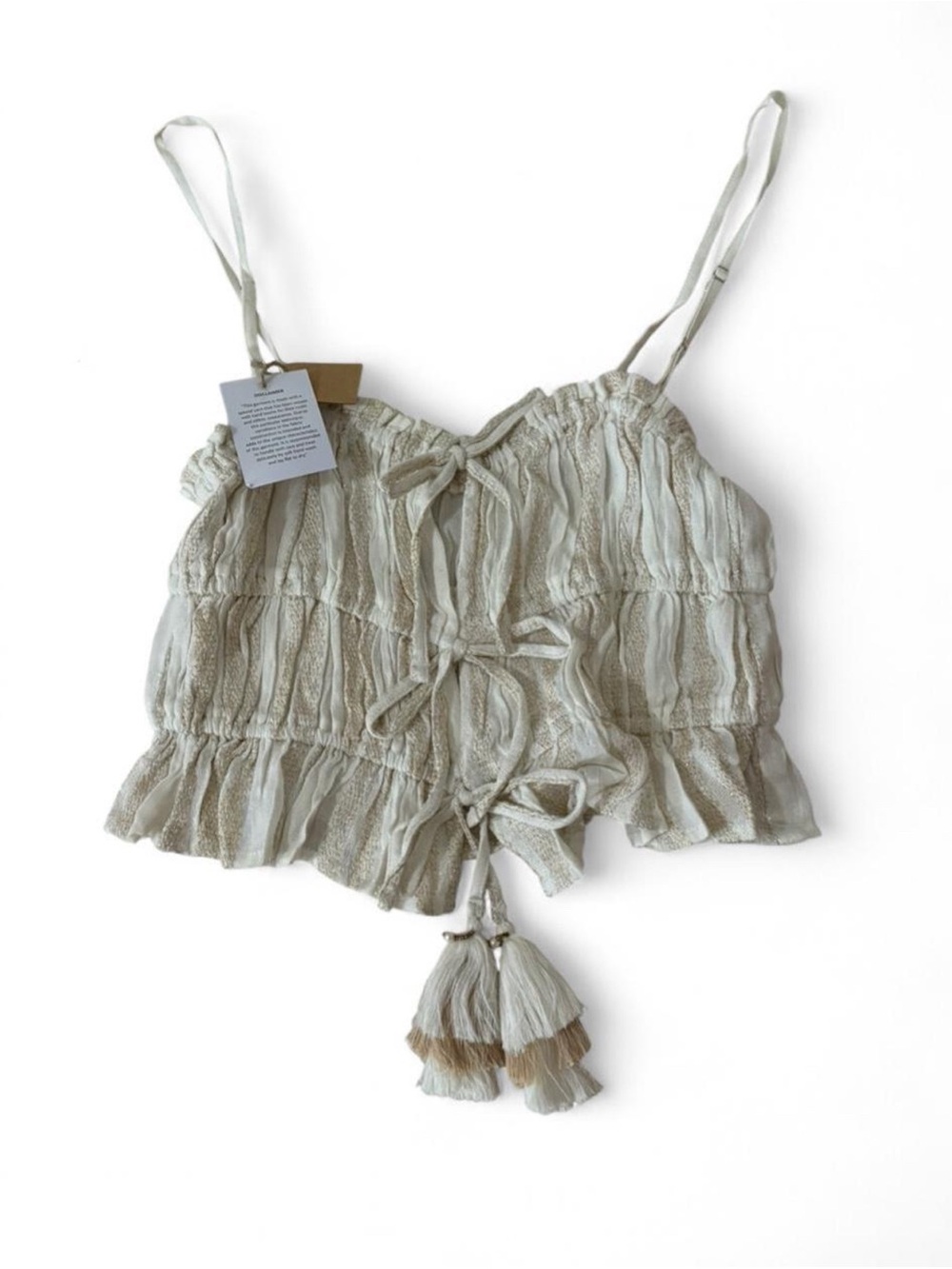 Boho Tassel Tie-Front Crop Cami - Cream